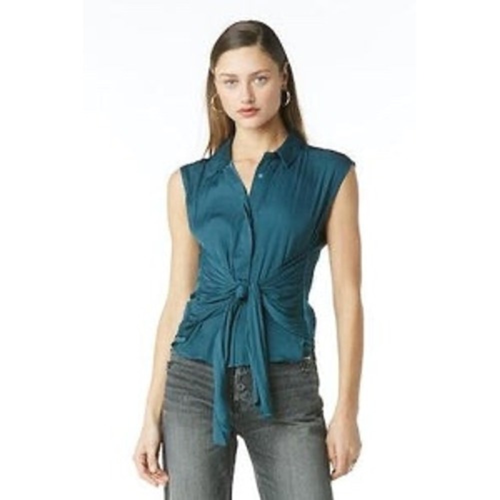 Tart Collections Kassidy Top Pond‎ Teal Blue Front Tie Sleeveless Blouse L NEW